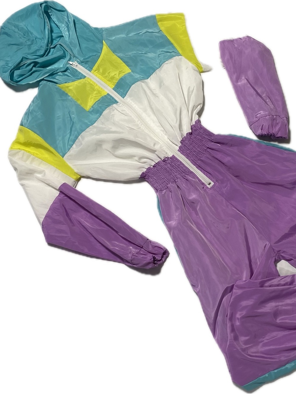 Colorblock Purple & White Jumpsuit with Turquoise and Yellow Accents